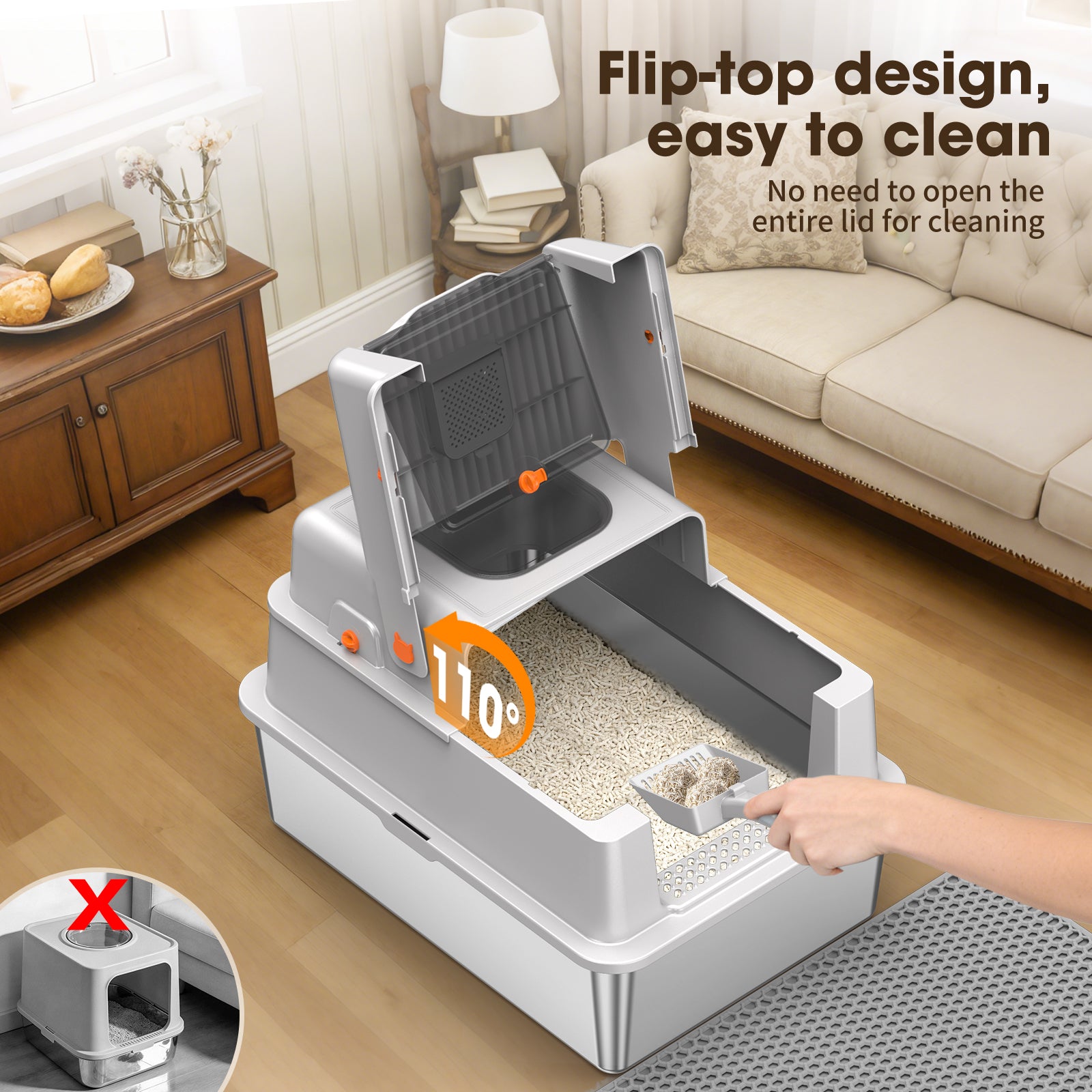 Large Fully Enclosed Stainless Steel Cat Litter Box B7