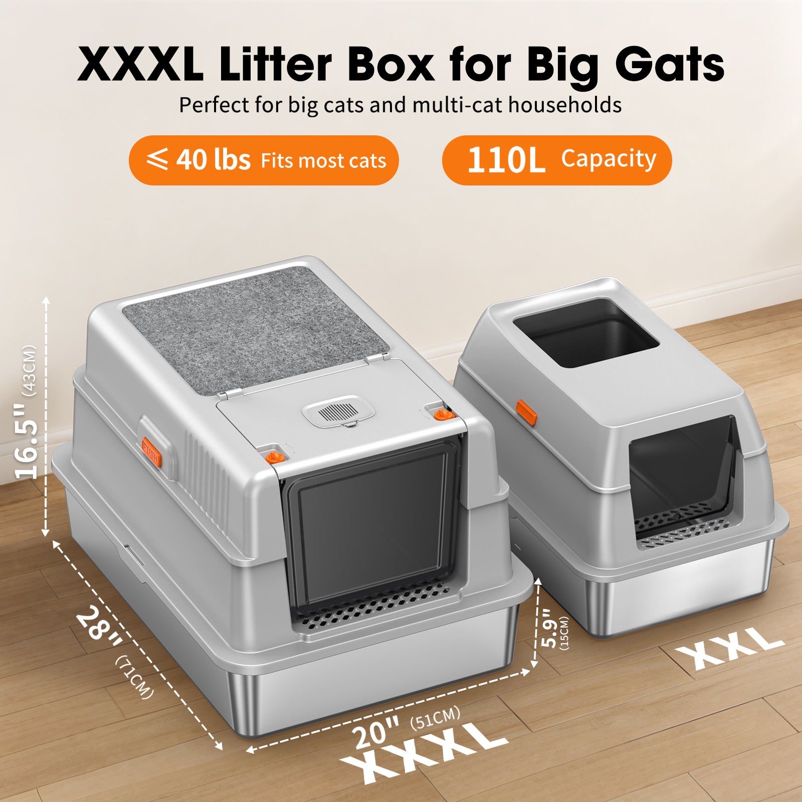 Large High-sided Enclosed Stainless Steel Cat Litter BoxB1