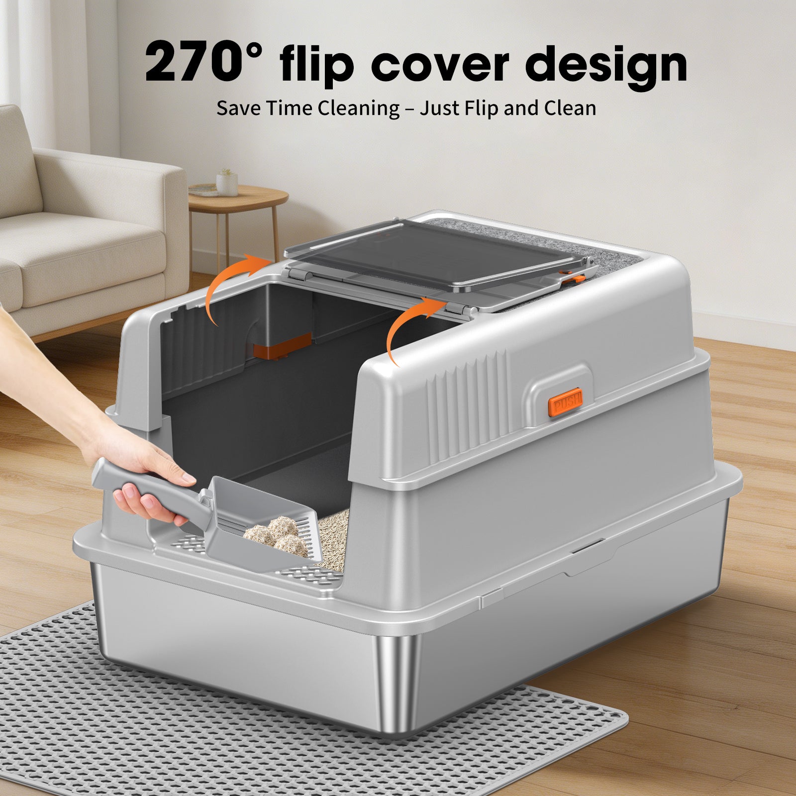 Large High-sided Enclosed Stainless Steel Cat Litter BoxB1