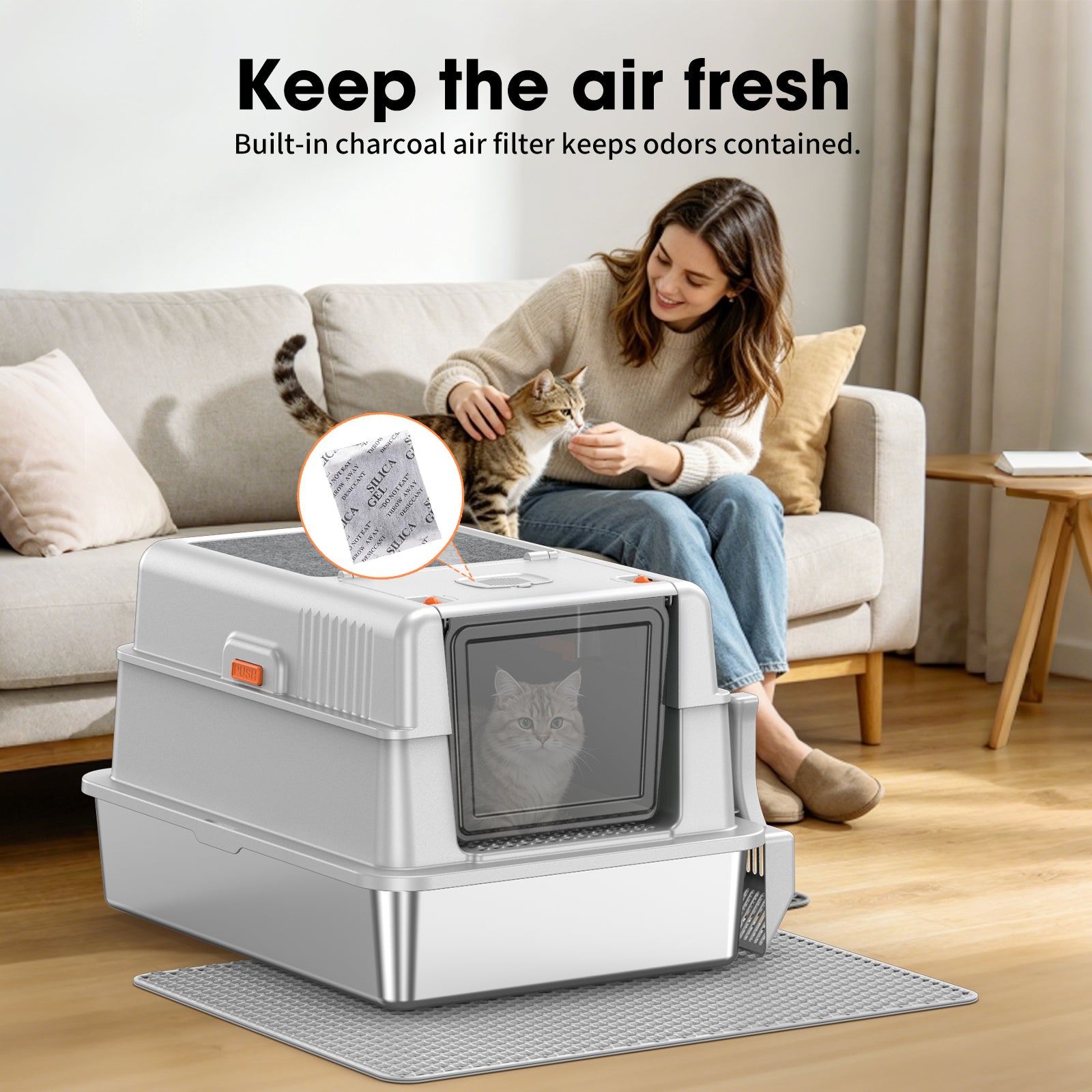 Large High-sided Enclosed Stainless Steel Cat Litter BoxB1