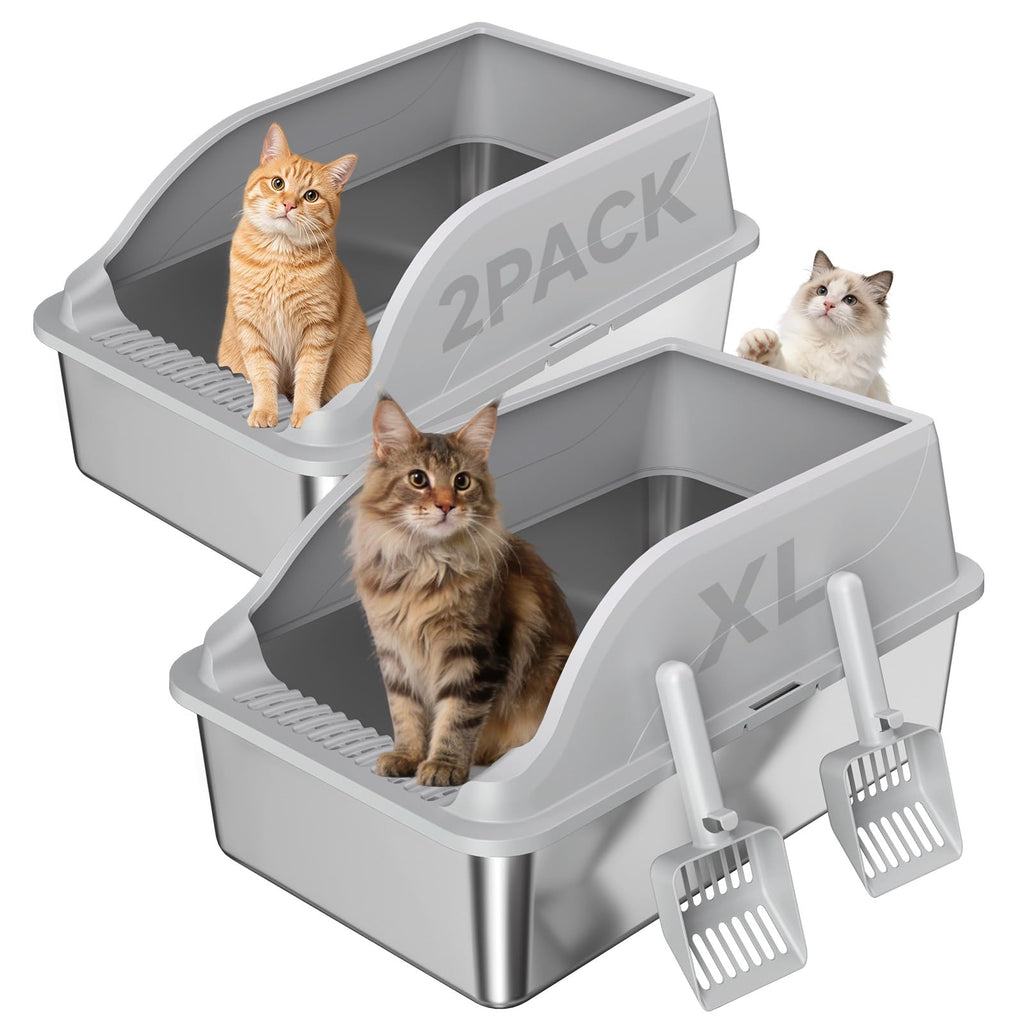 Stainless Steel Cat Litter Box, Extra Large XL Odor Free Metal Litter Box with High Sides Lid, Open Top Litter Pan Include Scoop Easy Cleaning Kitty Cat Box Anti‑Urine Leakage, Non‑Sticky