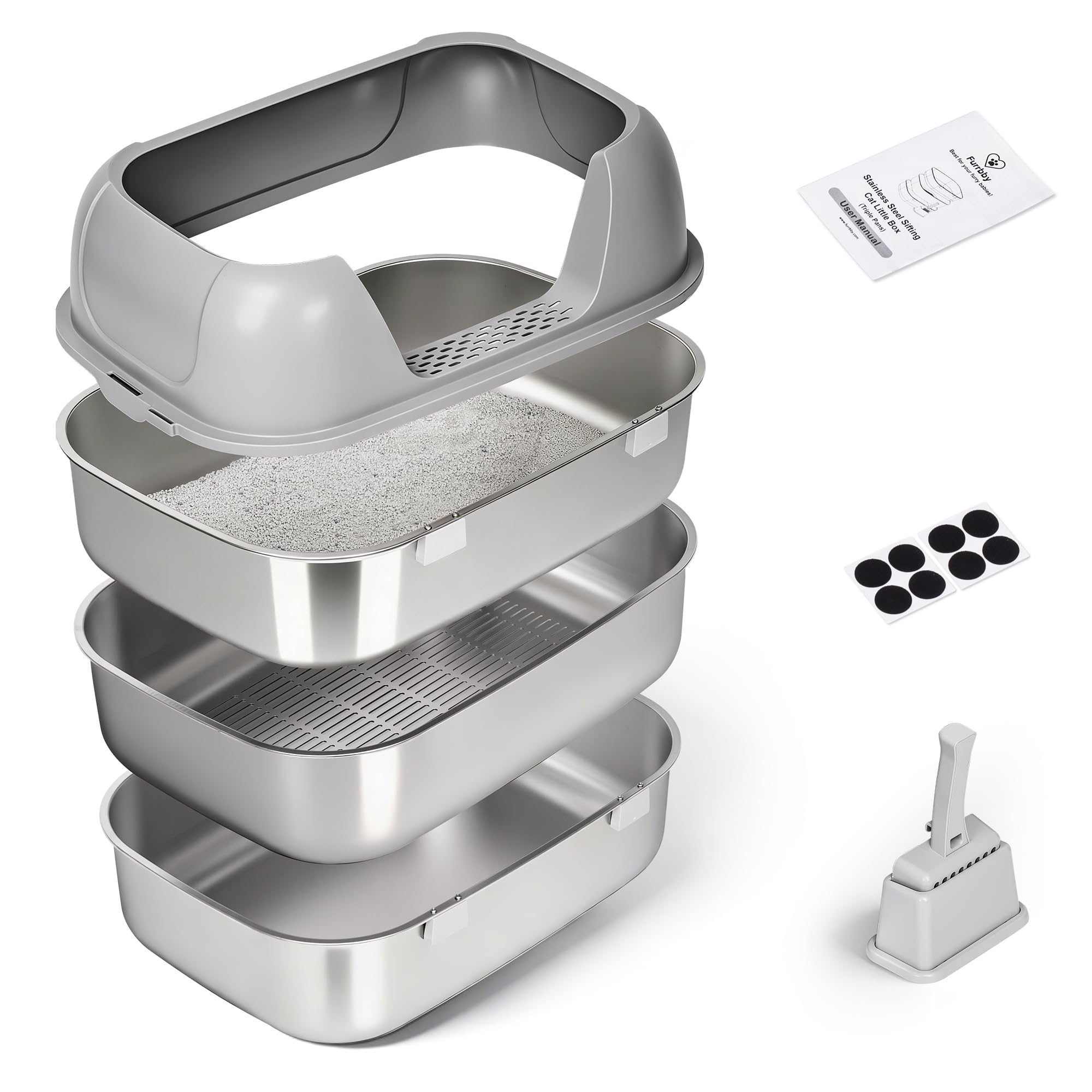 Open Stainless Steel Cat Litter Box with Sifting Screen