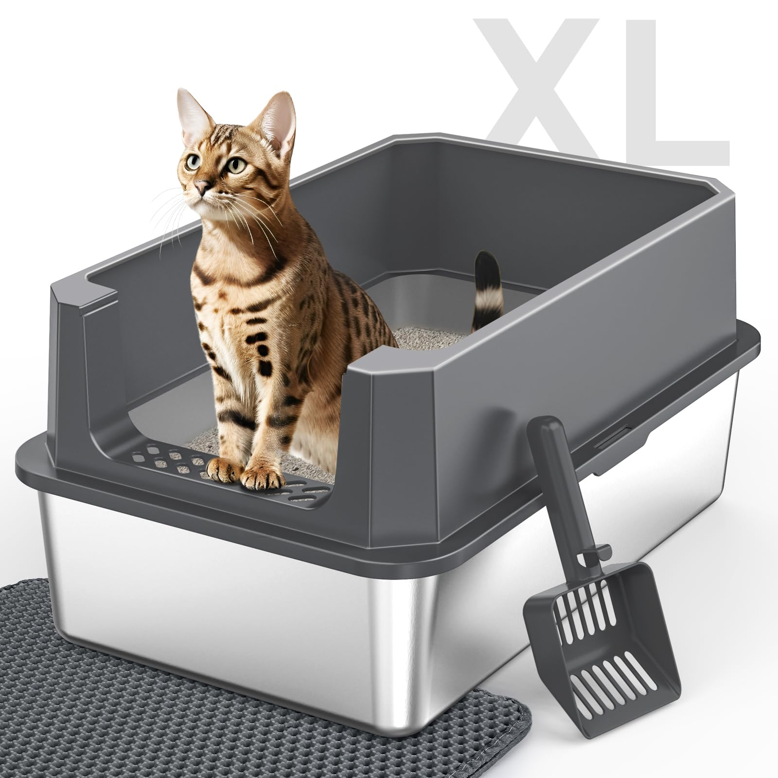 Large Open Stainless Steel Cat Litter Box H6