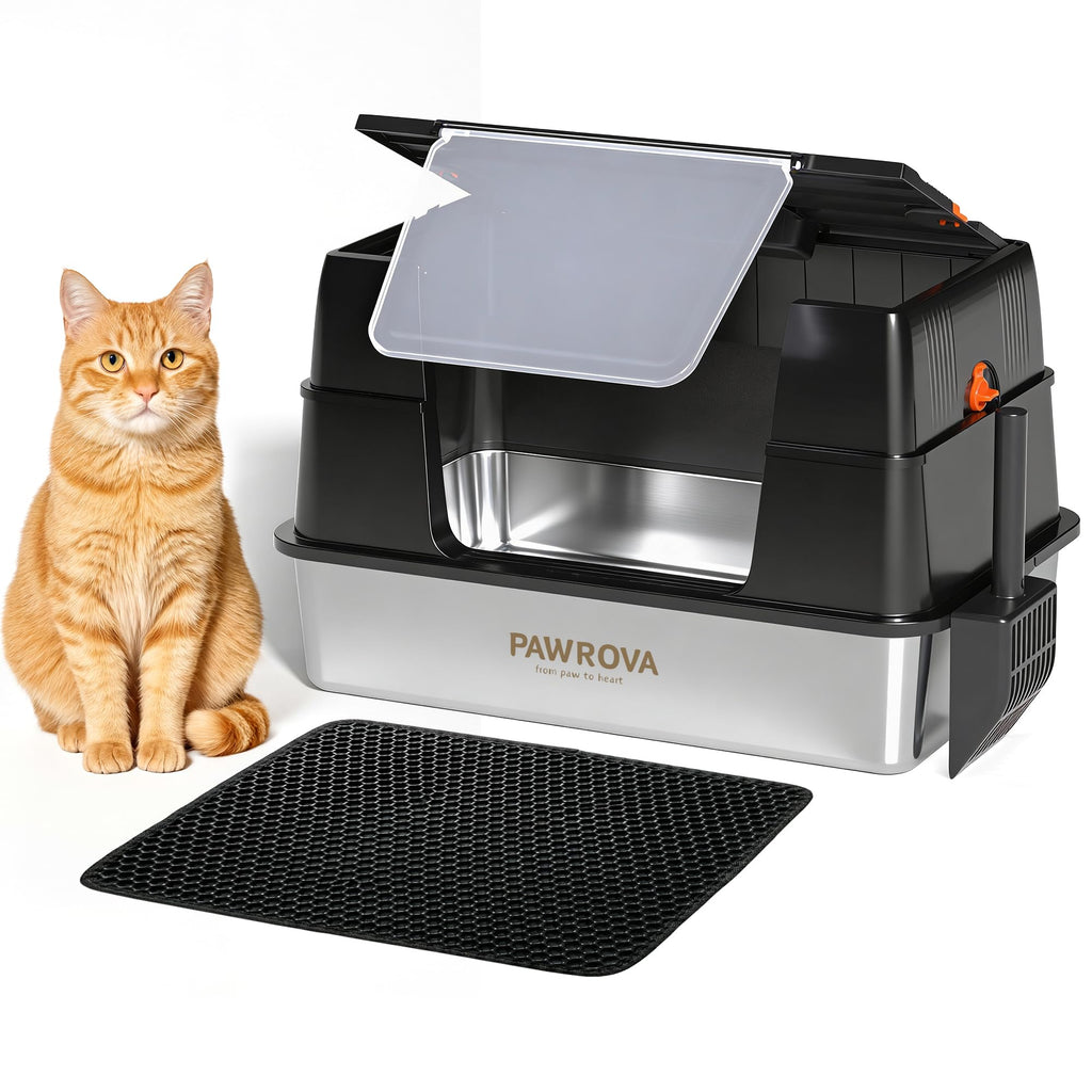 Stainless Steel XL Enclosed Cat Litter Box, Flip-Up Lid, High Sides | Easy Flip-Up Cleaning | 4-in-1 Design | Leak-Resistant | Odor-Resistant 304 Steel | Scoop & Mat Included  H12