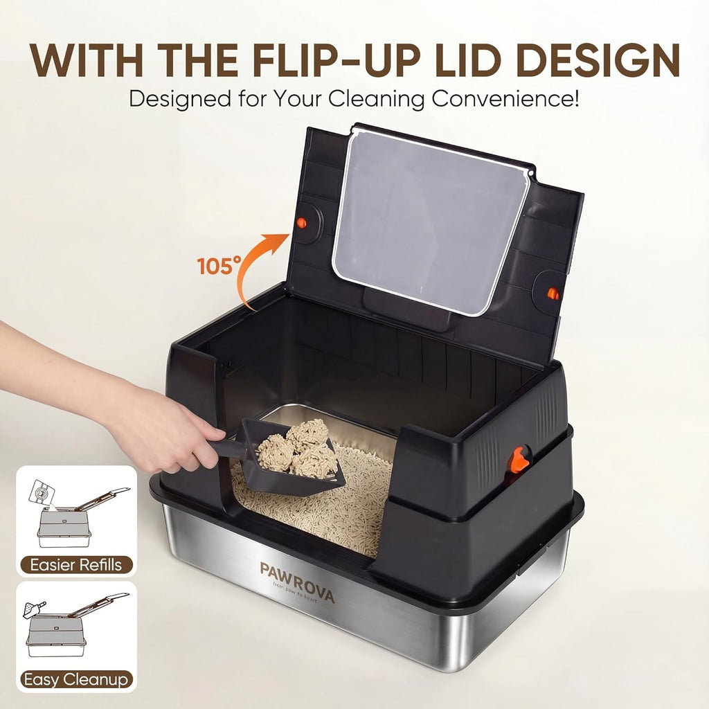 Stainless Steel XL Enclosed Cat Litter Box, Flip-Up Lid, High Sides | Easy Flip-Up Cleaning | 4-in-1 Design | Leak-Resistant | Odor-Resistant 304 Steel | Scoop & Mat Included  H12