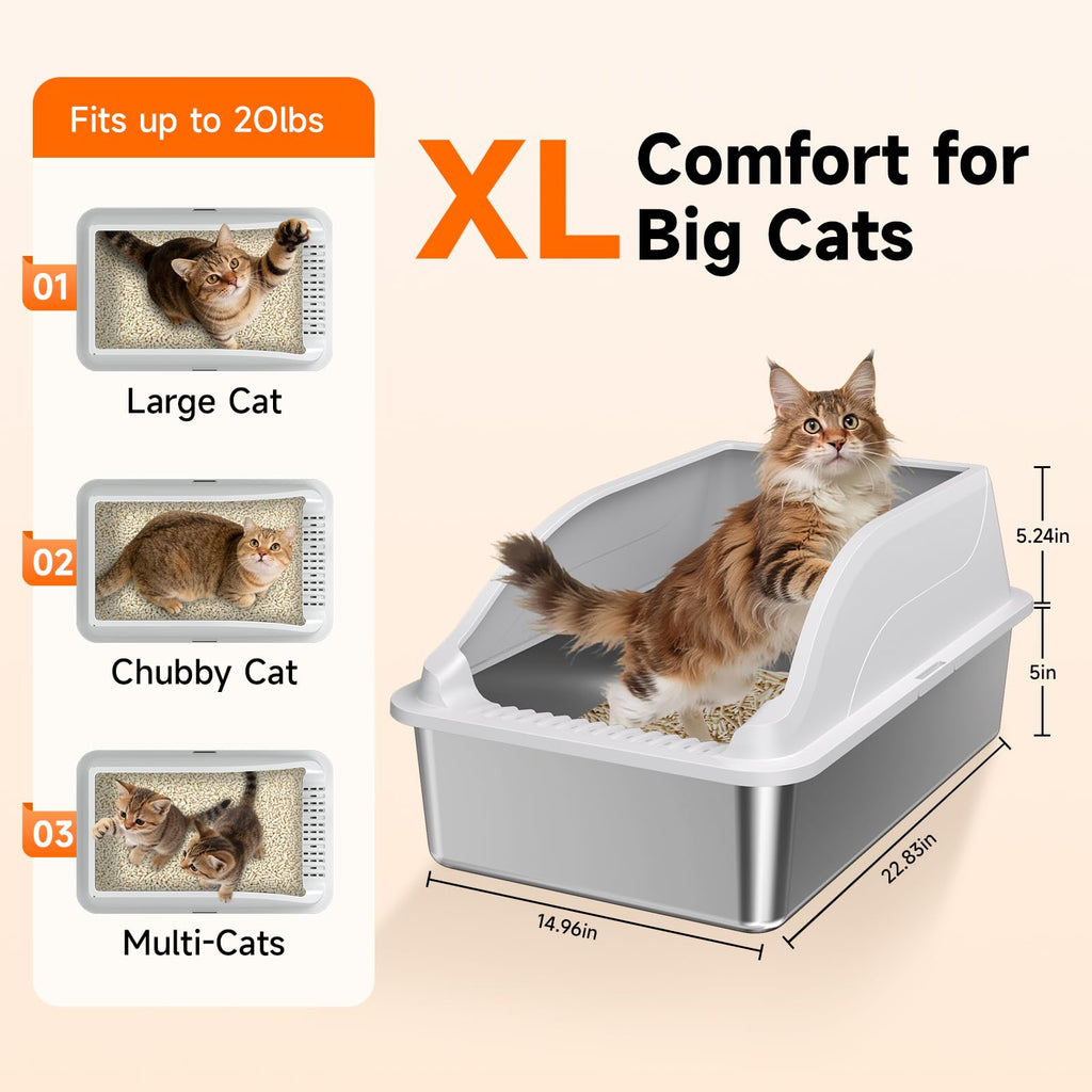 Stainless Steel Cat Litter Box, Extra Large XL Odor Free Metal Litter Box with High Sides Lid, Open Top Litter Pan Include Scoop Easy Cleaning Kitty Cat Box Anti‑Urine Leakage, Non‑Sticky