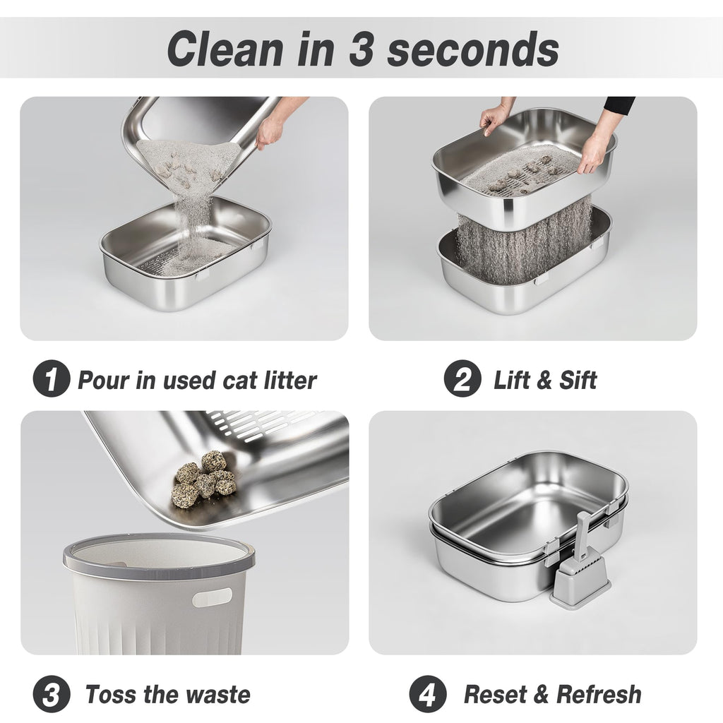 Open Stainless Steel Cat Litter Box with Sifting Screen