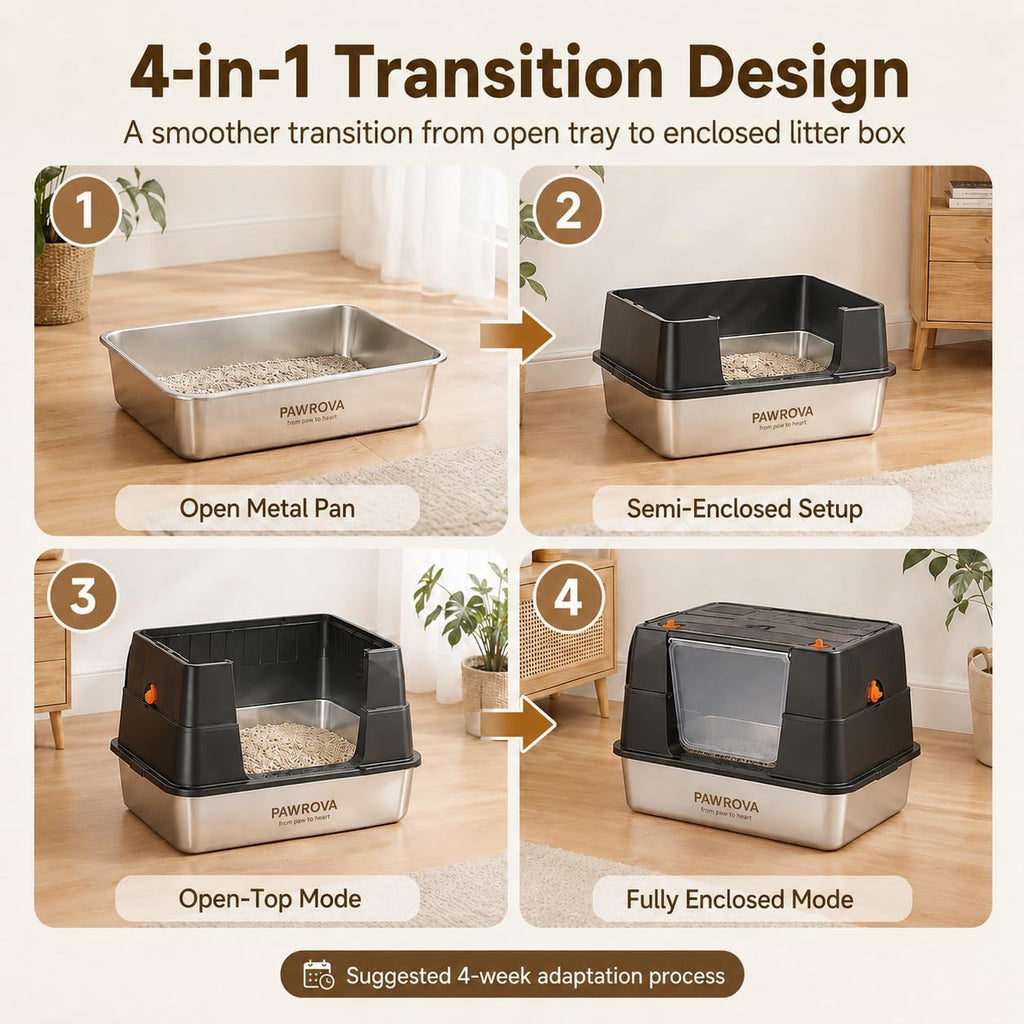Stainless Steel XL Enclosed Cat Litter Box, Flip-Up Lid, High Sides | Easy Flip-Up Cleaning | 4-in-1 Design | Leak-Resistant | Odor-Resistant 304 Steel | Scoop & Mat Included  H12