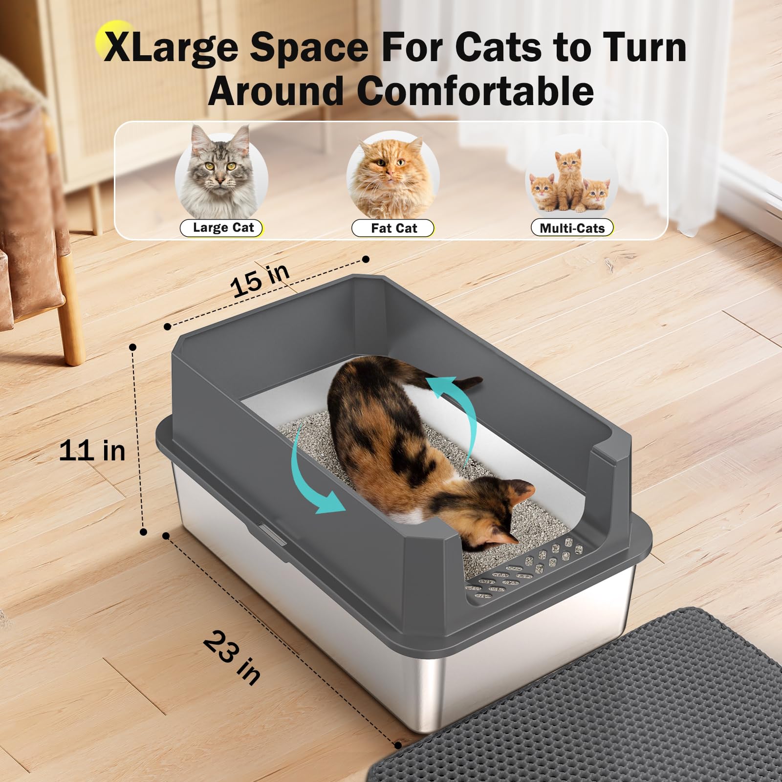 Large Open Stainless Steel Cat Litter Box H6