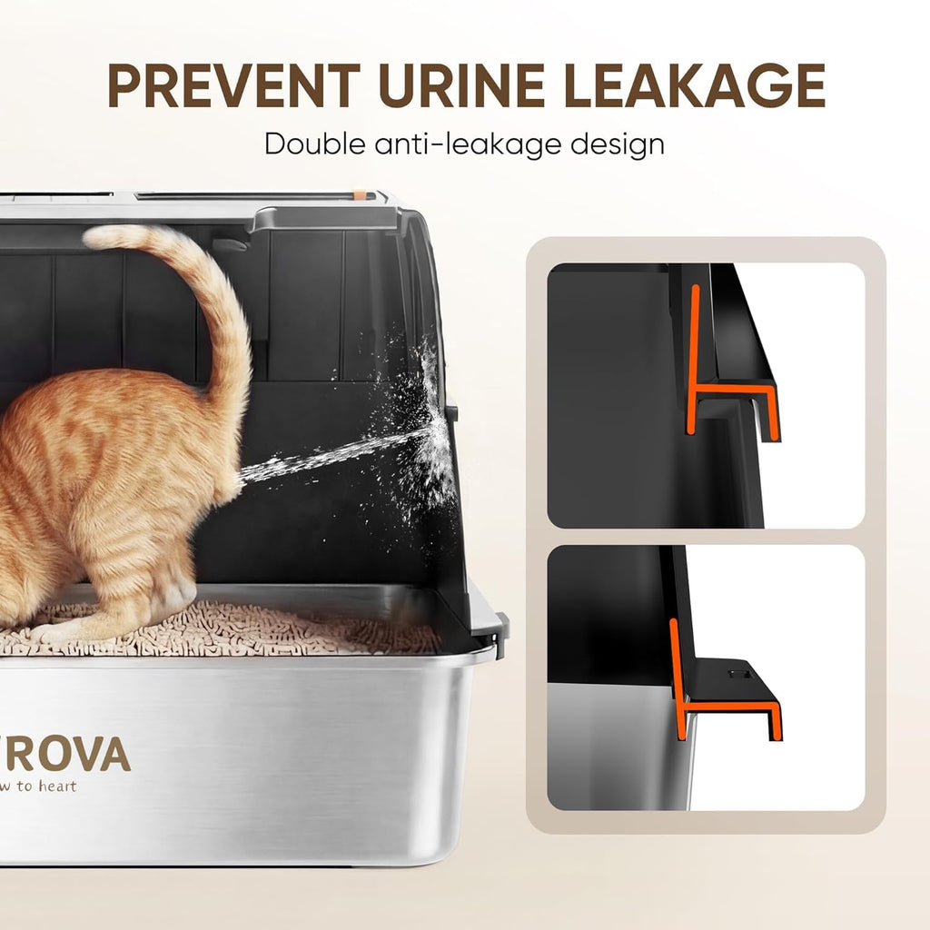 Stainless Steel XL Enclosed Cat Litter Box, Flip-Up Lid, High Sides | Easy Flip-Up Cleaning | 4-in-1 Design | Leak-Resistant | Odor-Resistant 304 Steel | Scoop & Mat Included  H12