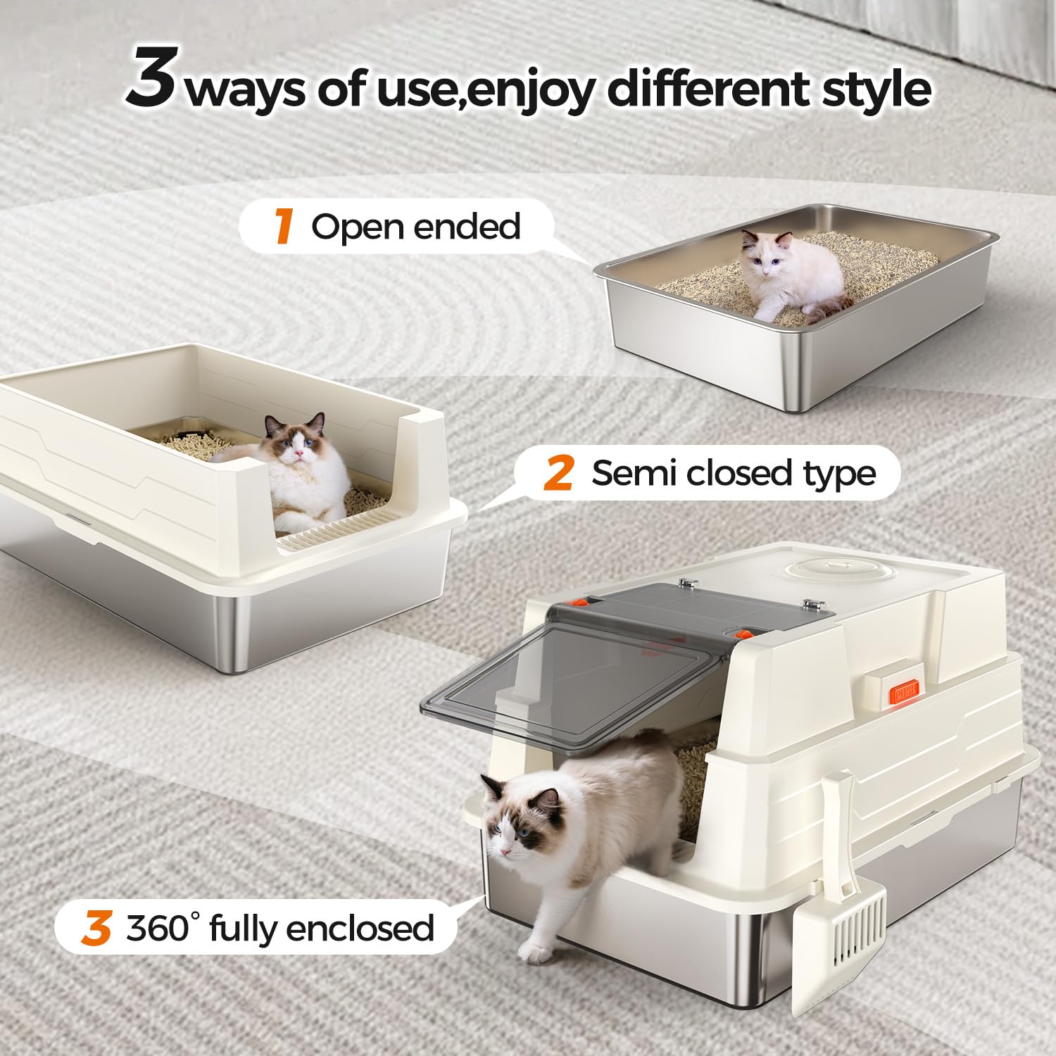 Large Fully Enclosed Stainless Steel Cat Litter Box A1