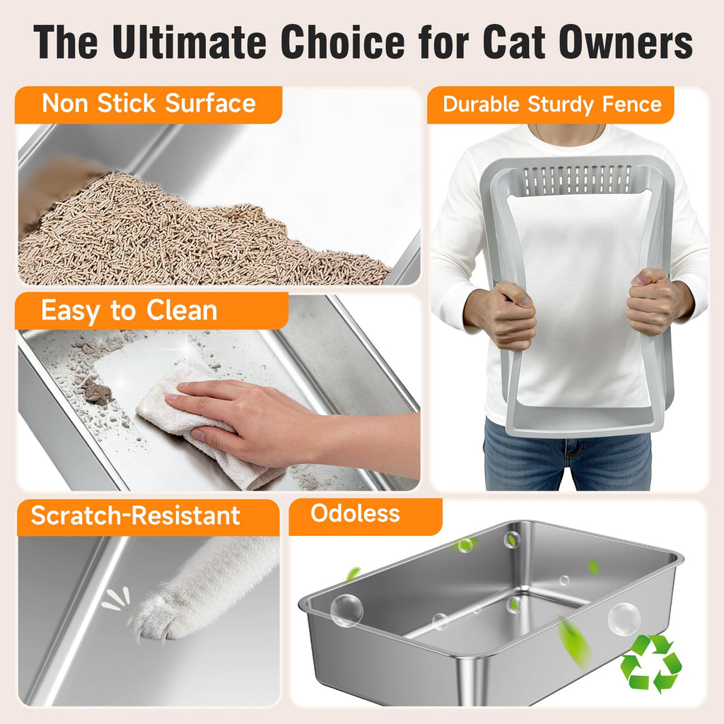 Stainless Steel Cat Litter Box, Extra Large XL Odor Free Metal Litter Box with High Sides Lid, Open Top Litter Pan Include Scoop Easy Cleaning Kitty Cat Box Anti‑Urine Leakage, Non‑Sticky