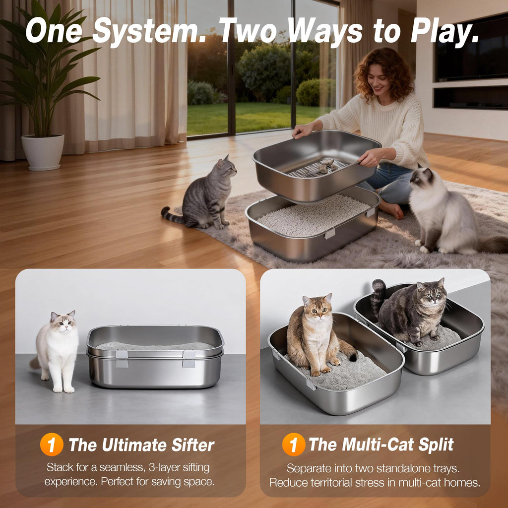 Open Stainless Steel Cat Litter Box with Sifting Screen