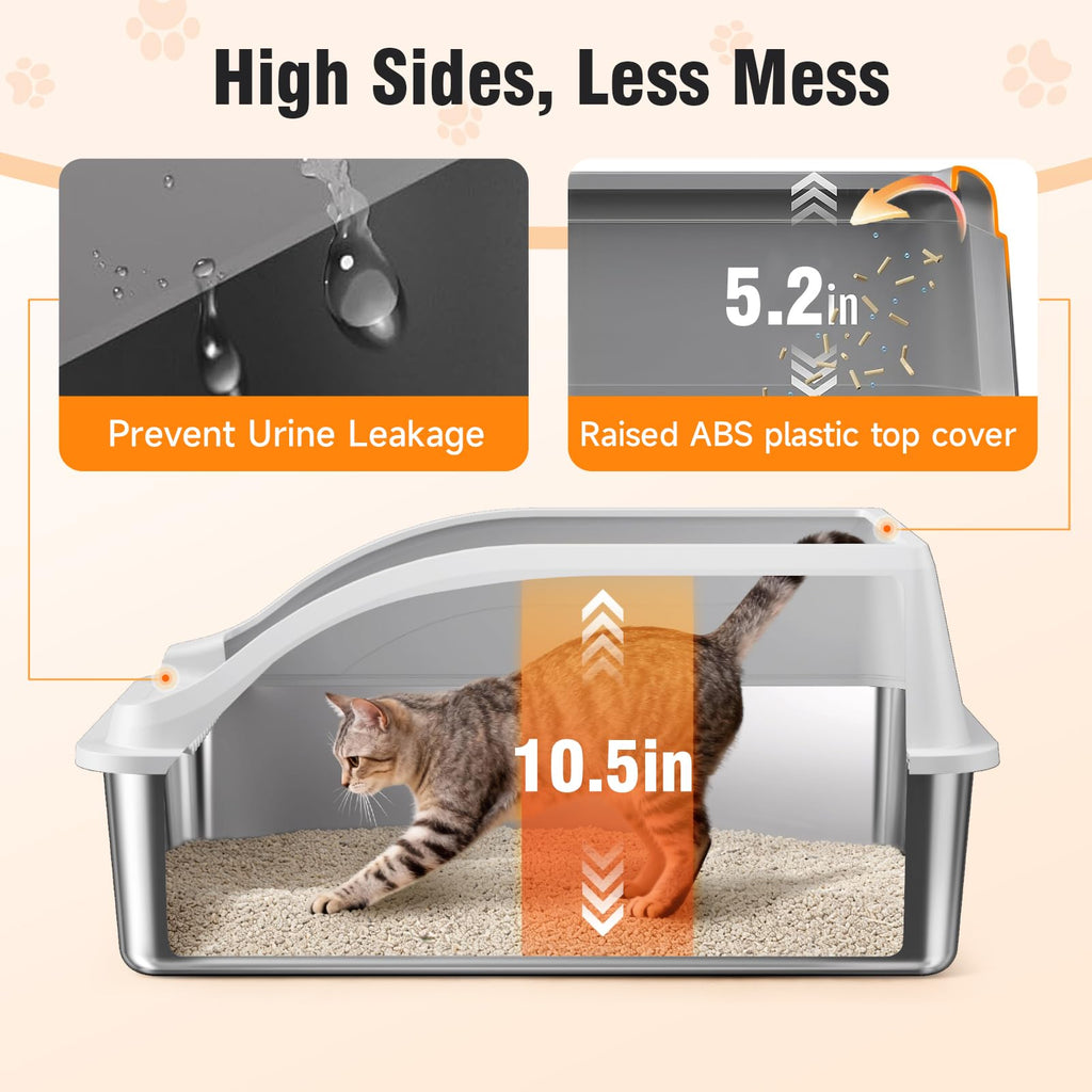 Stainless Steel Cat Litter Box, Extra Large XL Odor Free Metal Litter Box with High Sides Lid, Open Top Litter Pan Include Scoop Easy Cleaning Kitty Cat Box Anti‑Urine Leakage, Non‑Sticky