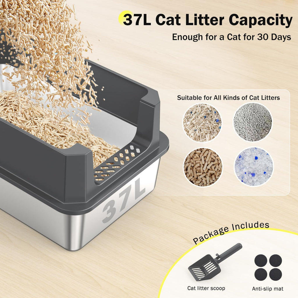 Large Open Stainless Steel Cat Litter Box H6