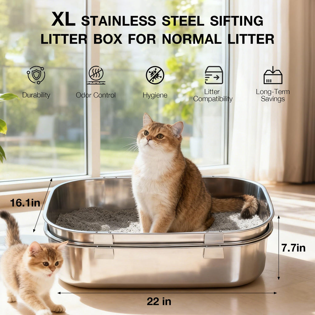 Open Stainless Steel Cat Litter Box with Sifting Screen