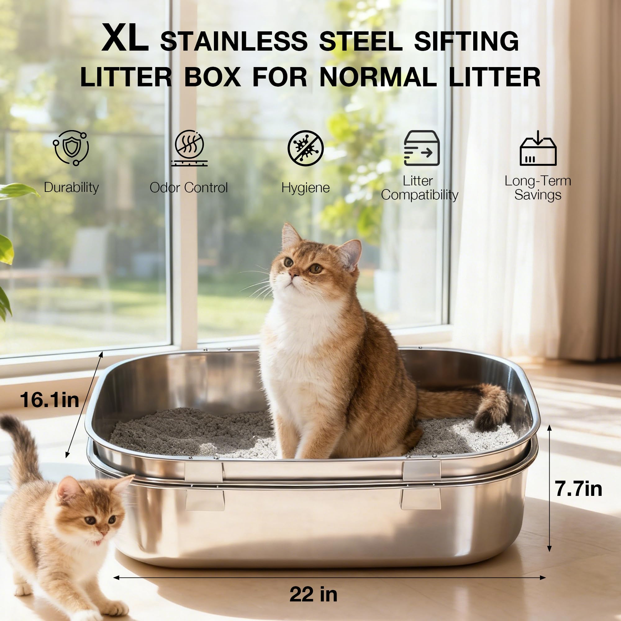 Open Stainless Steel Cat Litter Box with Sifting Screen