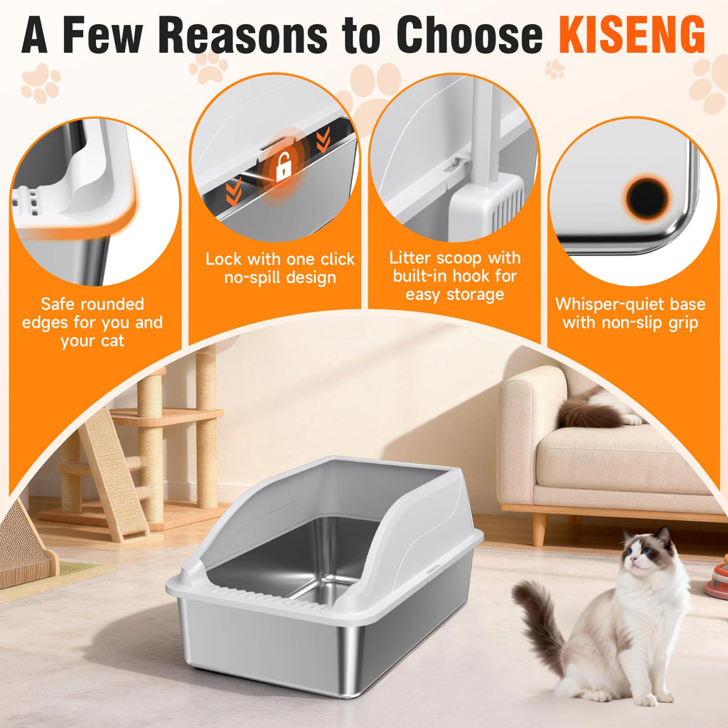 Stainless Steel Cat Litter Box, Extra Large XL Odor Free Metal Litter Box with High Sides Lid, Open Top Litter Pan Include Scoop Easy Cleaning Kitty Cat Box Anti‑Urine Leakage, Non‑Sticky