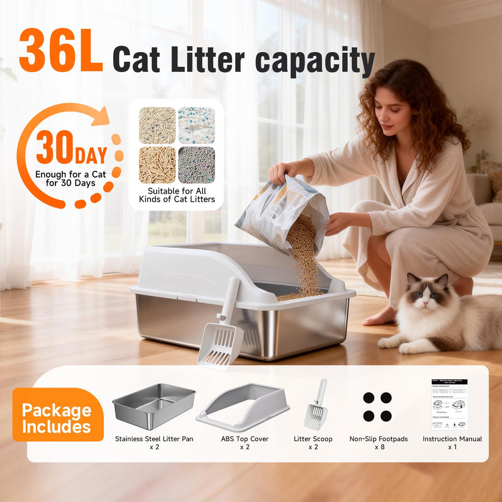 Stainless Steel Cat Litter Box, Extra Large XL Odor Free Metal Litter Box with High Sides Lid, Open Top Litter Pan Include Scoop Easy Cleaning Kitty Cat Box Anti‑Urine Leakage, Non‑Sticky